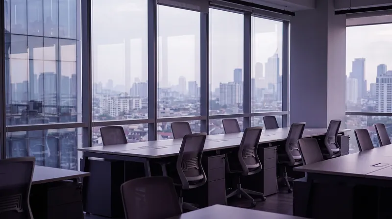 Meja kerja kantor terbuka berjajar di depan dinding kaca dari lantai sampai langit-langit dengan panorama Jakarta di belakangnya