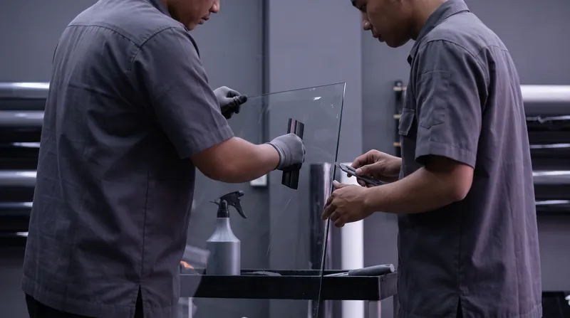 Dua teknisi di depan panel kaca tegak di sebuah workshop, satu orang menarik squeegee di atas film