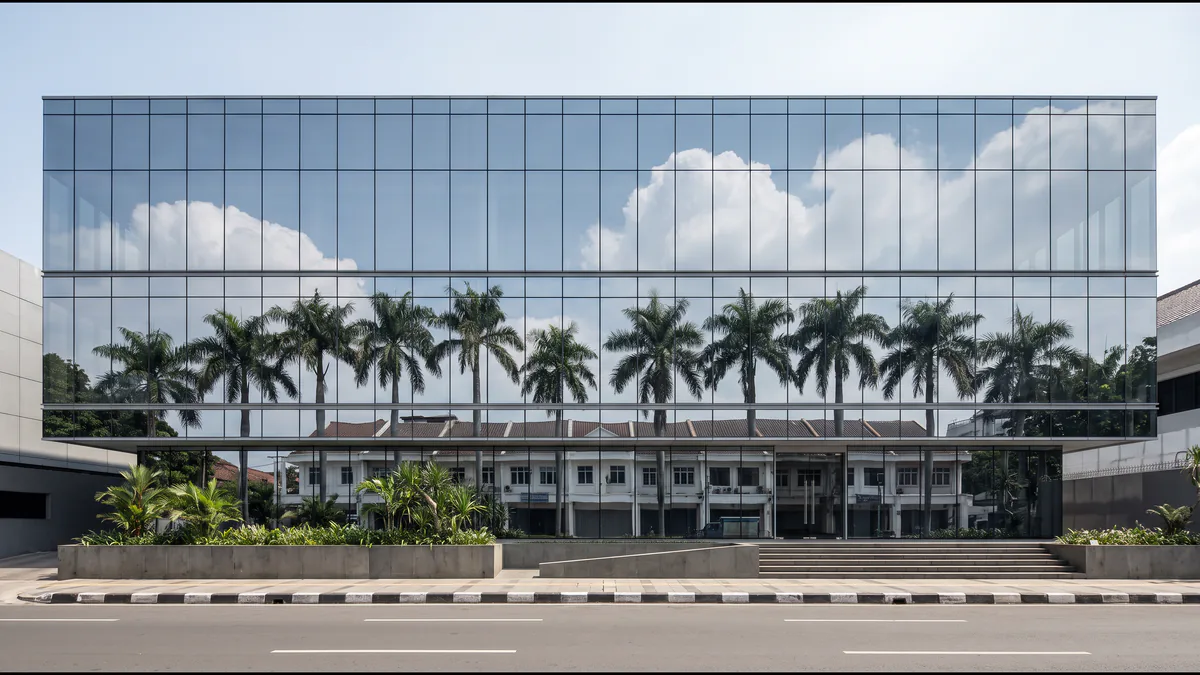 Fasad kantor terpasang kaca film silver reflektif, memantulkan jalan dan langit di siang hari