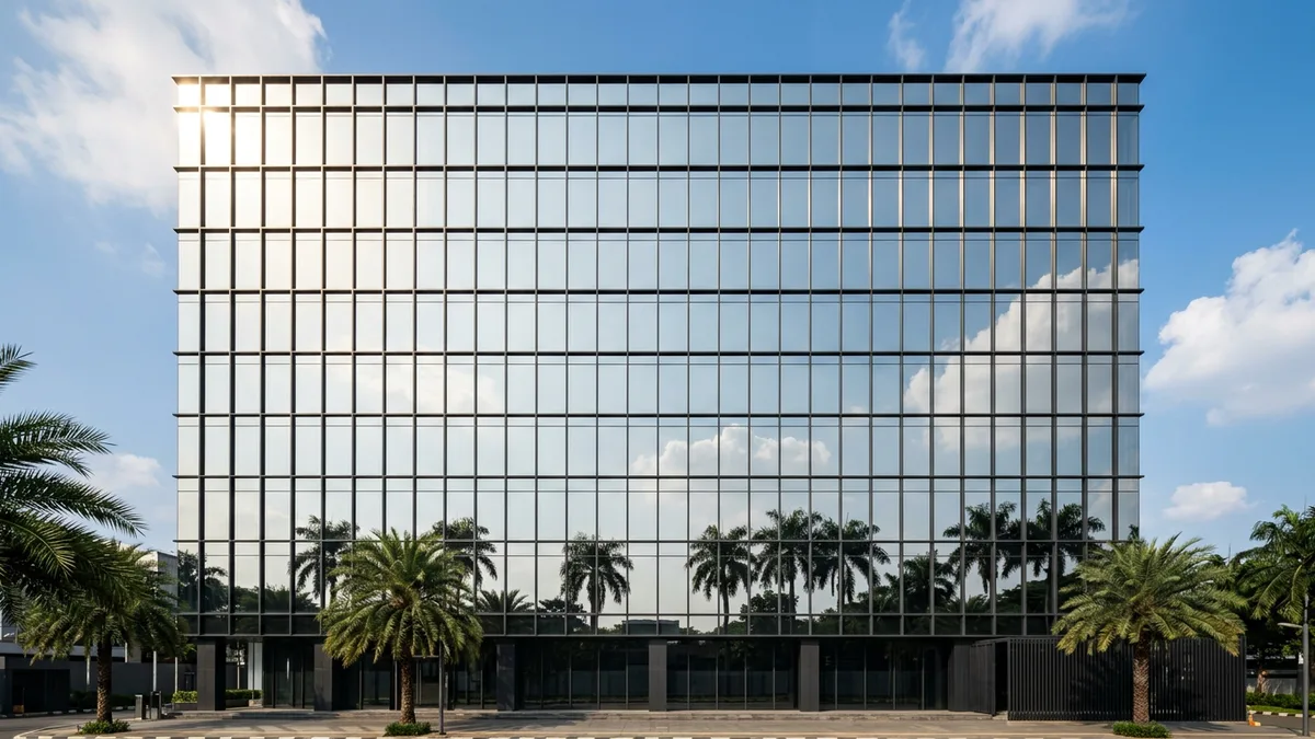 Fasad kantor terpasang kaca film reflektif ganda, setiap panel tampak seperti cermin silver dengan latar langit dan pohon palem, bagian dalam tidak terlihat