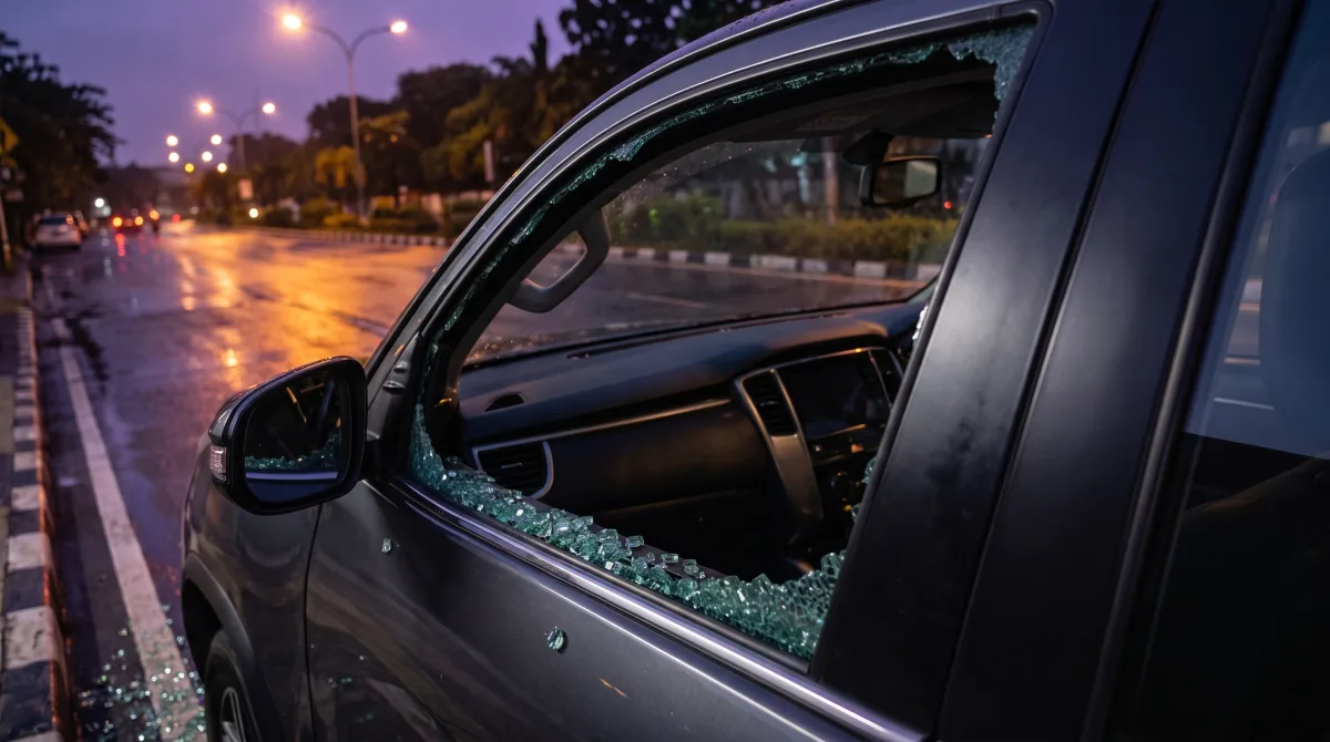 Kaca pintu mobil yang pecah, bukaannya kosong, ribuan butir kaca berserakan di bibir pintu, di jok dan di jalan, tasnya hilang