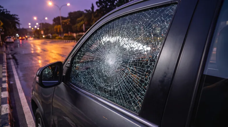Kaca samping mobil pecah namun tetap tertahan menjadi satu lembar oleh film keamanan