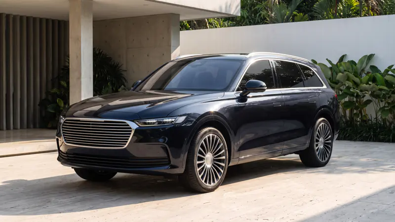SUV premium di halaman depan vila dengan film keramik terpasang di setiap kaca