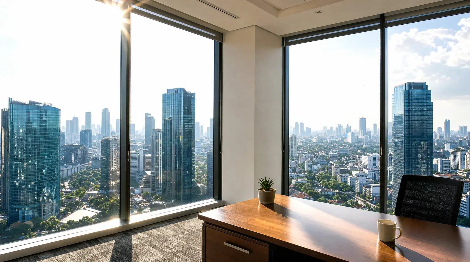 Kantor sudut di bawah sinar sore penuh, kacanya menggelap sesuai shade yang Anda pilih